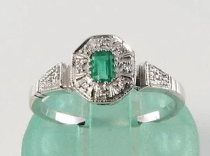 9K 9CT WHITE GOLD EMERALD DIAMOND CLUTSTER HALO ART DECO INS RING FREE RESIZE - Picture 1 of 5