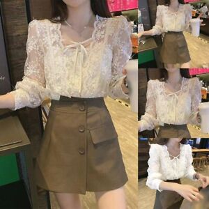 Fashionable White Blouse with French Square Collar Lace Sleeves and Loose Fit