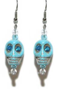 TURQUOISE BLUE STONE SKULL with CRYSTAL EYES HALLOWEEN DANGLE EARRINGS (H213)