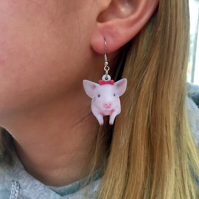 Pendientes Cerdo - Elige con Diseño Flores o Lazo - Acrílico - Divertidos Pendientes Animales  Foto 1 de 4