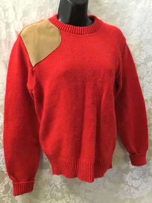 red Wool hunt sweater crew leather shoulder elbow patches Cambridge Dry Goods Co - Image 1 of 4