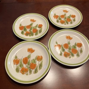 Meadowbrook Stoneware Orange Poppy/Tulip 6.5" Bread/Dessert Plates 4 Pc Set - Picture 1 of 12