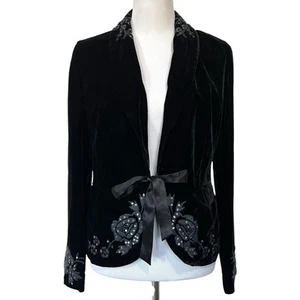 Monsoon Blazer Women’s M (UK 14) Black Velvet Sequin Ribbon Bow Evening Jacket - Picture 1 of 11