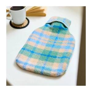 Hot water bottle cover Welsh wool blue cottage check  great gift Made in Wales - Picture 1 of 6