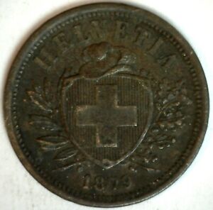 1879 B Switzerland Bronze 2 Rappen Coin Extra Fine Circulated Helvetia & Sprigs