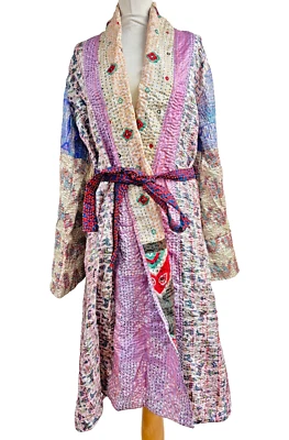 Indian Vintage Sari Patchwork Kantha Robe Long Kimono Dressing Gown Beach Cover - Image 1 of 4