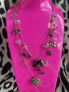 Betsey Johnson Ombre Rose Pink Red Flower Fuchsia Crystal Charm Necklace RARE - Picture 1 of 6