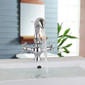 Dolphin Design Bathroom Basin Mixer Chrome Sink Faucet Double Cross Handle Taps - Picture 1 of 4