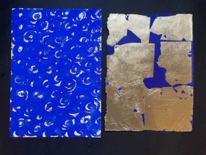 Yves Klein Diptych 2 Paintings Abstract Monochrome Blue Gold Leaf Original B55 - Picture 1 of 18