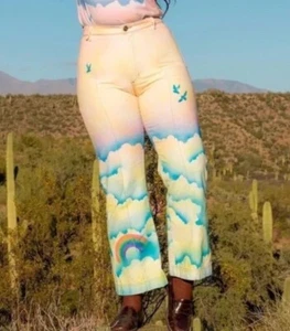 Big Bud Press Western Pants Clouds Rainbow Denim Wide Leg High Rise Pointe XXS - Picture 1 of 13