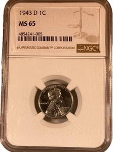 1943-D MS65 NGC War Time Issue Steel Penny Lincoln Wheat Ear One Cent Coin. - Picture 1 of 3