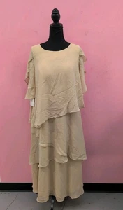 Damen Chiffon Rüschen Langarm U-Ausschnitt A-Linie Kleid Größe 16W Champagner - Bild 1 von 8