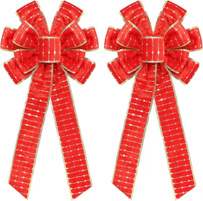 Red/Gold Velvet Christmas Bows with Gold Patches - 2PCS Holiday Decor - Image 1 of 4