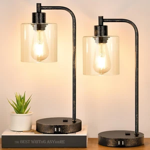 Industrial Touch Table Lamps Set of 2 - Rustic Black Bedside Lamps with 2 USB Po - Picture 1 of 8