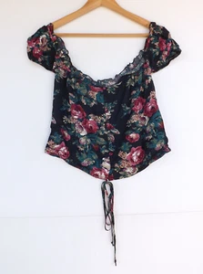 New Auguste Top 10 Womens Cropped Floral Ruffle Blue Pink Drawstring Waist - Picture 1 of 7