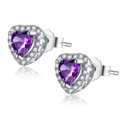 Sterling Silver 1.0 cttw Simulated Amethyst Heart Shaped Stud Earrings - Image 1 of 4