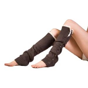 Women Knitted Lace Button Boot Socks Leg Warmer Warm Crochet Long Leg Stockings - Picture 1 of 19