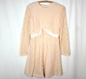 Vtg 70s Lace Mini Dress Party M Satin Empire Waist Mod Sheer Long Sleeves Retro - Picture 1 of 13