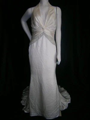 Allure Bridals Wedding Dress 10 Ivory Satin Crystals Beaded Low Back - Image 1 of 4