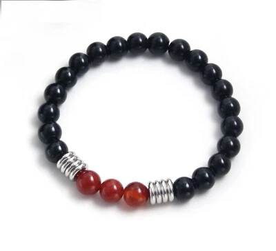 Bracciale in pietra naturale elastico acciaio inox onice agata rossa uomo donna - Immagine 1 di 4