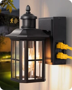 EDISHINE Outdoor Porch Lights with GFCI Outlet,Outside Wall Lantern Dusk to Dawn - Picture 1 of 13