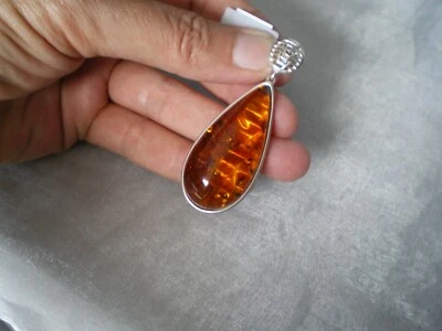 Baltic Cognac Amber drop pendant, 42 mm x 21 mm, 7.18 grams 925 Sterling Silver - Image 1 of 4