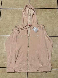 NWT Women’s Guess Rhinestone Logo Full Zip Pink Hooded Sweatshirt Medium - Picture 1 of 8