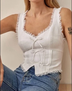 Reformation White “Brenda” Linen Cotton Lace Bustier Blouse Size Small - Picture 1 of 10