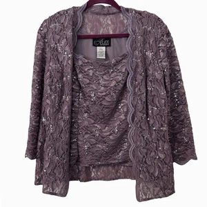 Alex Evenings Lace Sequin 2PC Set Tank Top Jacket L Purple Special Occasion Glam - Picture 1 of 6