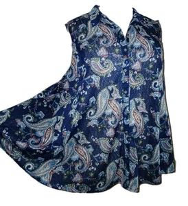 Avenue 26/28 Navy Paisley Swing Boho Peasant Sleeveless Button Up Semi-Sheer Top - Picture 1 of 14