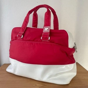 courrèges Boston Tasche Rot Weiß Logo Lackleder Guter Zustand Gebraucht Japan - Bild 1 von 12
