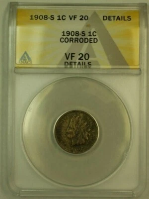 1908-S Indian Head Cent Penny 1c ANACS VF-20 Details - Image 1 of 2