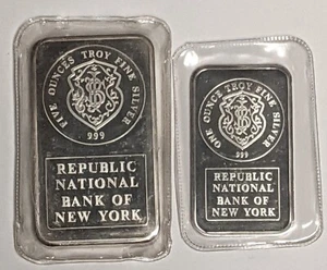 5 oz & 1 oz ~ 1985 Johnson Matthey Republic Bank of New York .999 Silver JM Bars - Picture 1 of 6