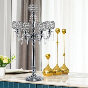 For Wedding Home Atmosphere Table Decor 5 Arms Silver Crystal Candle Holders - Picture 1 of 12