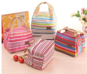 Canvas Multicolor Stripe Picnic Lunch Drink Thermal Insulated Cooler Tote Bag - Picture 1 of 14