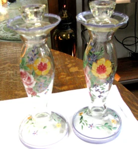 Vintage Pair Clear Glass Candle Holders w/Handpainted Flowers - 1940'S**ON SALE* - Picture 1 of 6