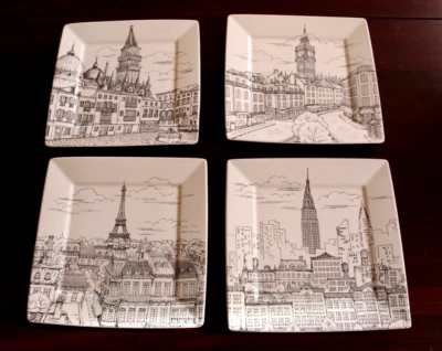 set of 4 222 fifth dinner plates pre-owned city scenes eiffel empire ben venice - Image 1 of 4