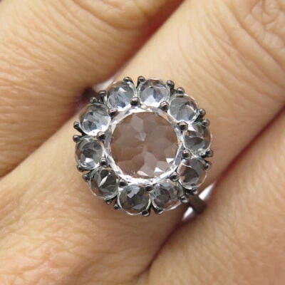 925 Sterling Silver Black Rhodium Real White Topaz Gem Cluster Ring Size 7.25 - Image 1 of 4