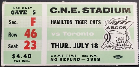 1968 C.N.E. Stadium Hamilton Tiger Cats vs Toronto Argonauts CFL Football Cover