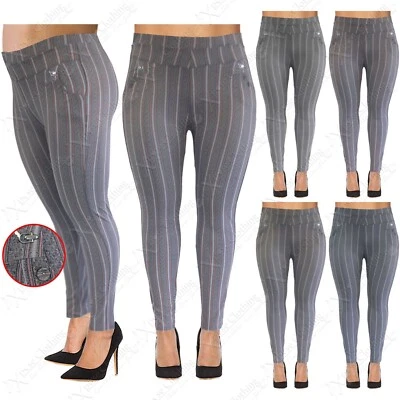 NUEVOS PANTALONES DE MUJER A RAYAS INTELIGENTES CINTURA ELÁSTICA TALLA GRANDE PANTALONES 14-20 Foto 1 de 2