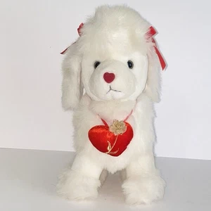 Vintage White Plush Stuffed 12" French Poodle Dog Red Bows & Heart Gold Flower - Picture 1 of 13