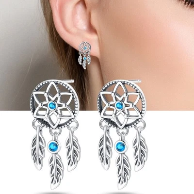 PANDACH 925 Sterling Silver Dream Catcher wIth Feathers Stud Earrings For Womens - Image 1 of 4