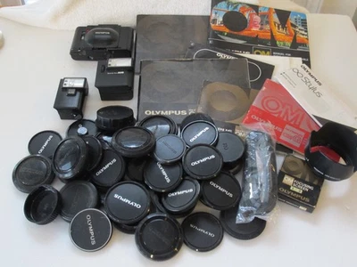 Vtg Olympus OM camera accessory LOT Cap Manual Flash Hood Untested As-Is - Image 1 of 4