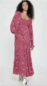 Free People Kleid M Sweet Escape rosa Blumen eckiger Ausschnitt Langarm Maxi Picknick - Bild 1 von 16
