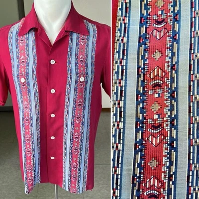 1950s Vintage Spire Of California Border Print Rayon Shirt M As Is - Image 1 of 4