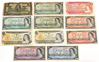 11 Canada Paper Bills Currency 1 to 10 dollars 1927-1974 - One Devils face - Image 1 of 4