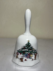 Christmas Tree Animal Scene Porcelain Bell 5 1/2" Bears Squirrel Rabbit Raccoon - Picture 1 of 6