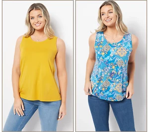 Denim & Co. Essentials bedruckte/einfarbige Jersey-Tanktops 2er-Pack Sets Goldmedaillon - Bild 1 von 1