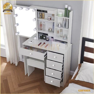 Dressing Table Stool Set With LED Sliding Mirror 6 Drawers Makeup Vanity Desk AU - Picture 1 of 12