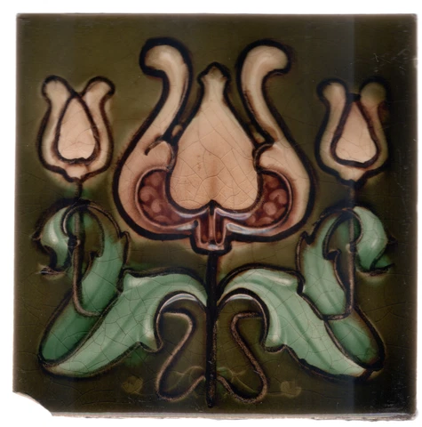 Henry Richards - c1904 - Triple Tulip Floral - Antique - Art Nouveau - Tile Cover